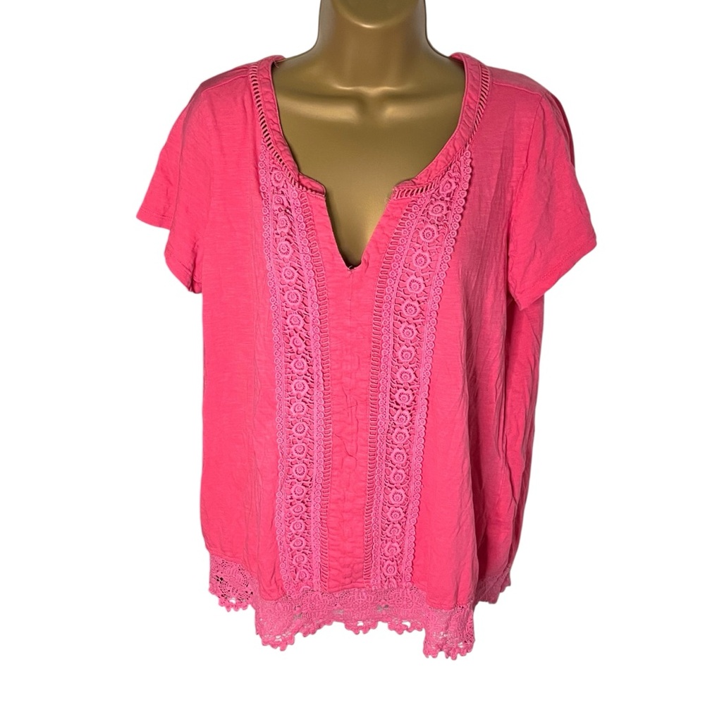 Intro Boho Blouse Crochet Trim V-Neck Pink XL